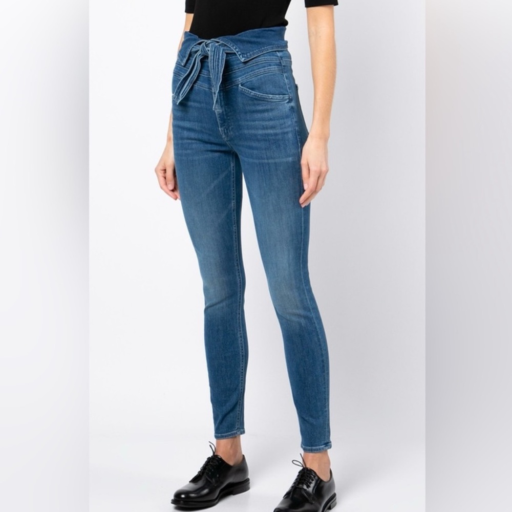 MOTHER High-Rise Skinny Jeans in Medium Blue with Tie Waist